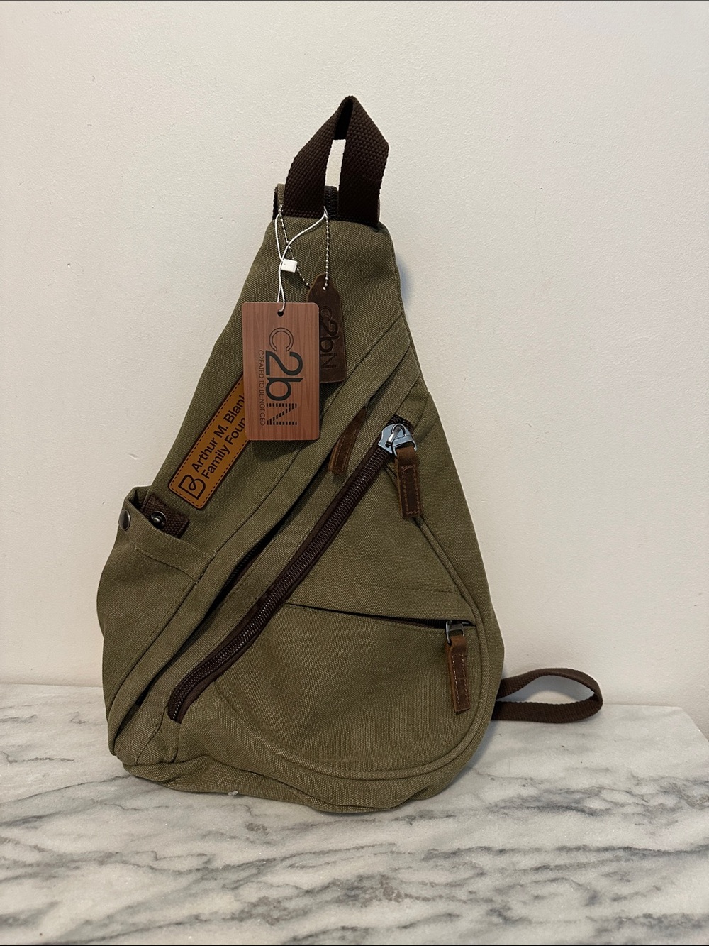 CB2 created to be noticed Canvas Sling Bag for Men - Olive Green new with logo